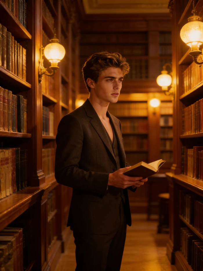 gemini ai boy in vintage library