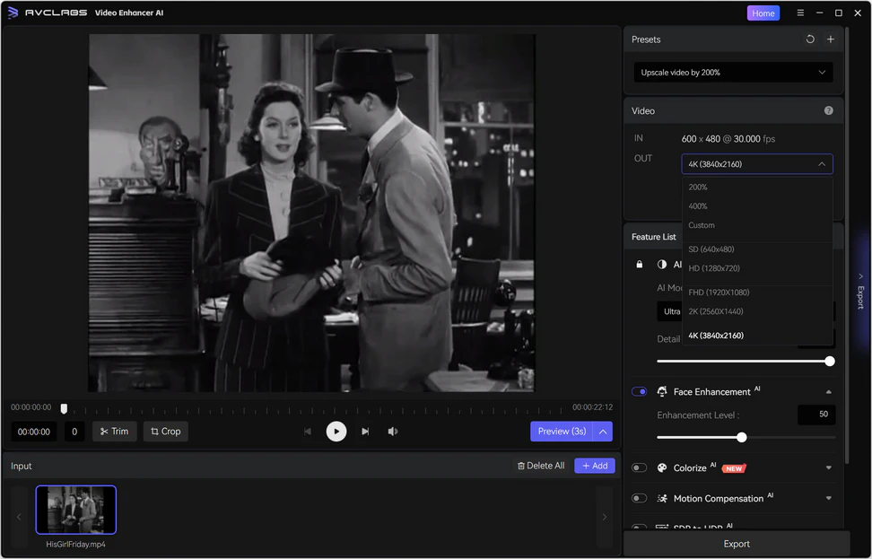 Step 3: Set 4K output resolution for AI video upscaling