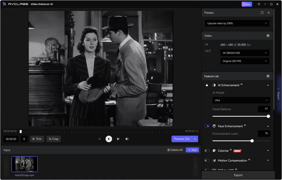 Step 2: Select Ultra AI model for old movie upscaling