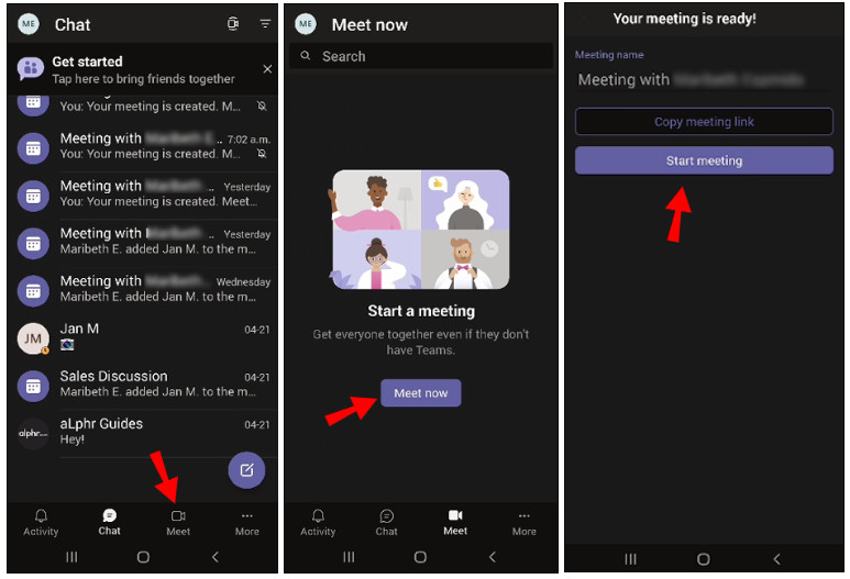 teams android start meeting