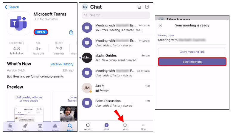 teams ios start meeting